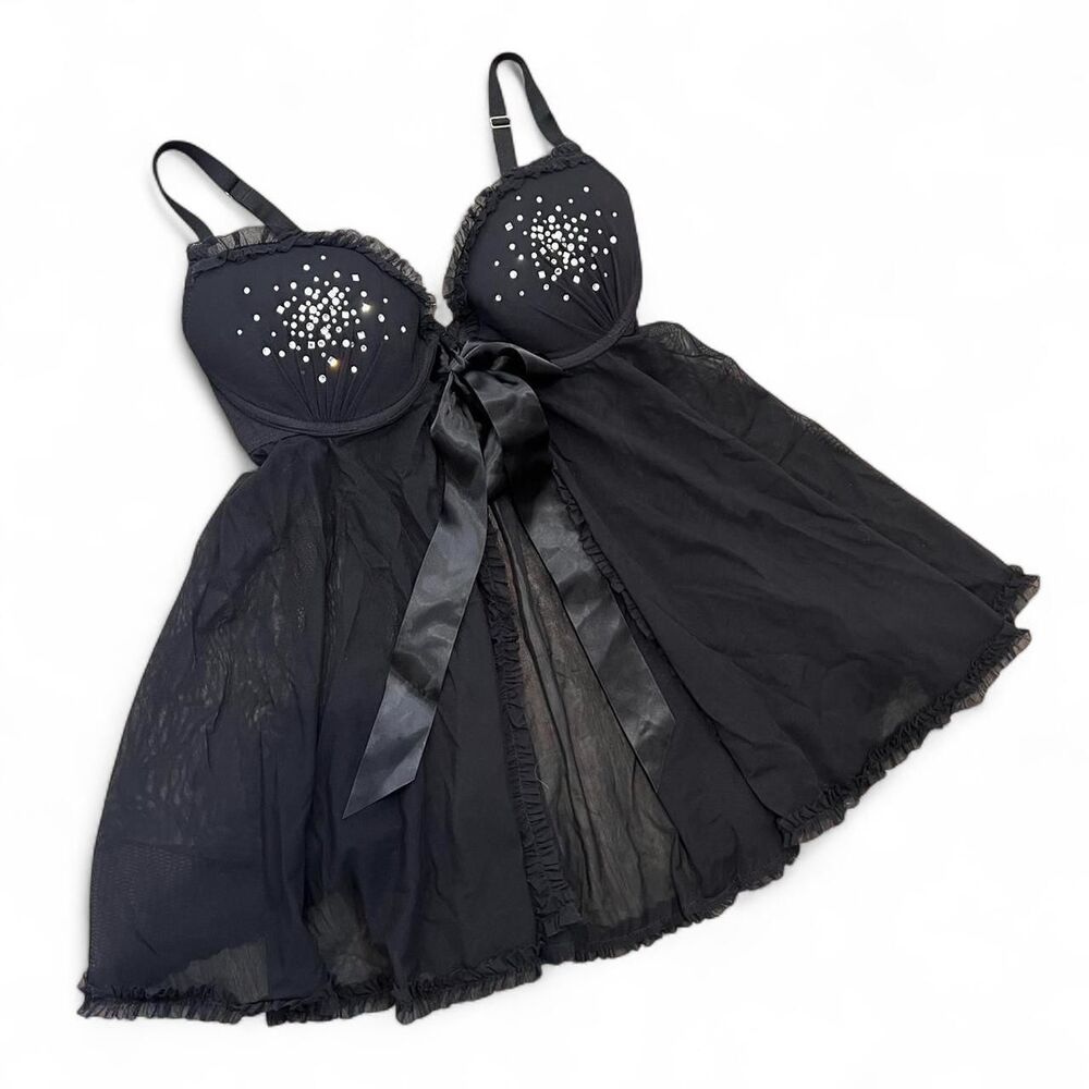 Y2K Rave Goth Mesh Rhinestone Babydoll Bra Top